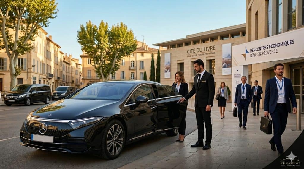 Chauffeur privé Class-eDriver en Mercedes EQS 100% electrique pour les Rencontres Économiques d'Aix-en-Provence
