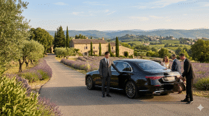 Chauffeur privé Class eDriver Limousine accueillant des clients VIP en berline de luxe Mercedes Classe S devant un domaine de prestige en Provence, entouré de champs de lavande.